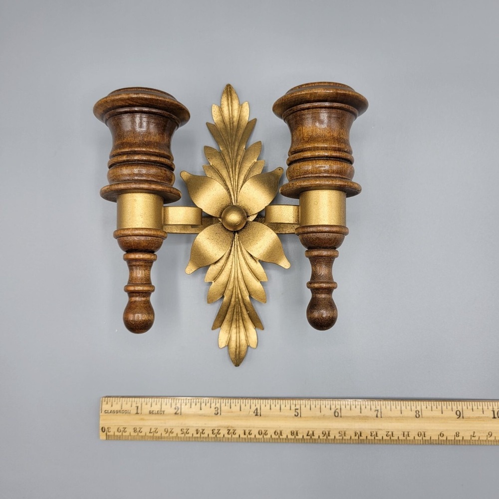 Vintage Homco Home Interiors Wall Sconce Candle Holder Gold Painted Metal Wood - Picture 9 of 9
